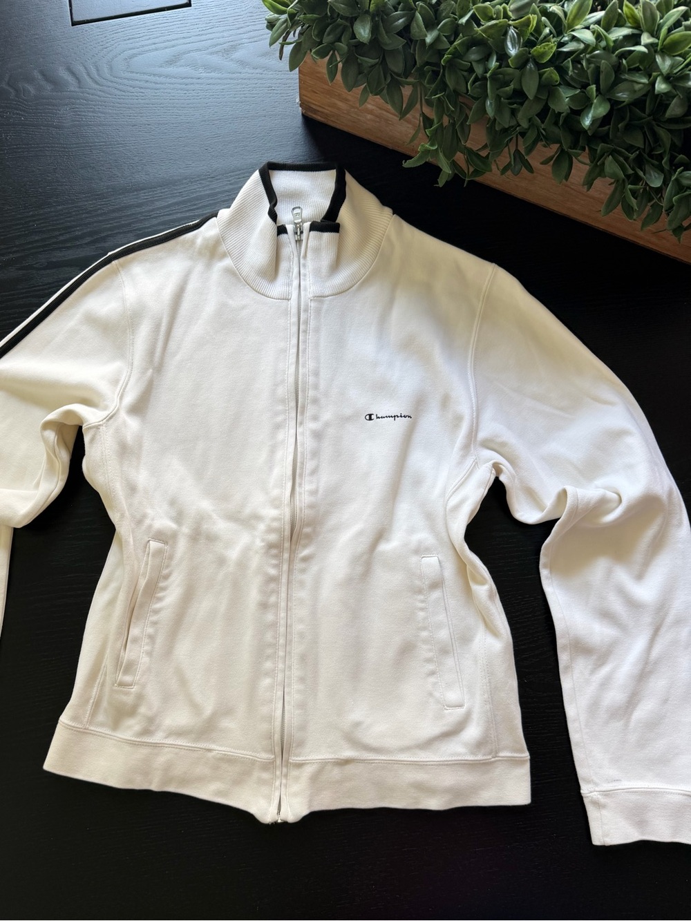 Y2K Champion Women’s White Full-Zip Bomber Jacket with Black Trim Size Medium